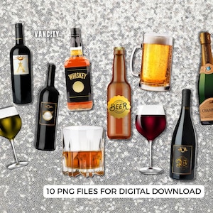 Puede incluir: Una colección de varias bebidas alcohólicas, incluyendo botellas de vino, una botella de whisky, cerveza, champán y un vaso de whisky, dispuestas sobre un fondo plateado y brillante. La imagen incluye el texto "Vancity" y "10 PNG FILES FOR DIGITAL DOWNLOAD".