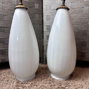 Rare Pair of Mid-Century Modern White Opaline Glass Table Lamps | Attributed to Gunnel Nyman | 14.5” Tall | Brass Accents