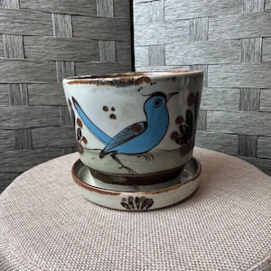 Vintage Hand-Painted Bird Planter with Tray | Ken Edwards El Palomar Pottery | Made in Mexico | Lead-Free Stoneware