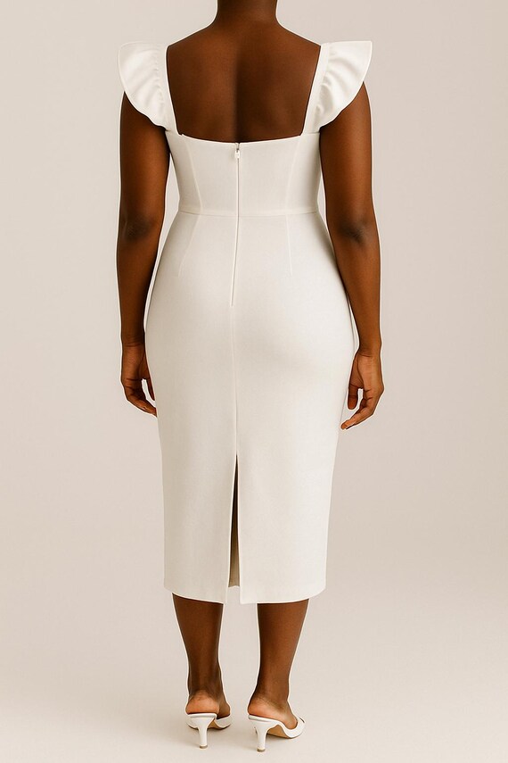 Elegant White Midi Crepe Dress with Ruffle Sleeves, Custom Made to Order  Fitted Cutout Bodycon Dress, Chic tailored dress for women