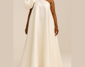 Luxury One-Shoulder Satin Gown | Custom Made to Order | Elegant A-Line Dress with Statement Bow | Evening, Bridal, Formal Dress