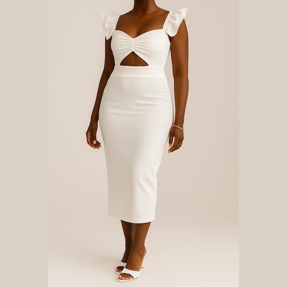 knee length dresses for ladies Shop Toupy Virginie White Crepe Satin Midi Dress Online M / White