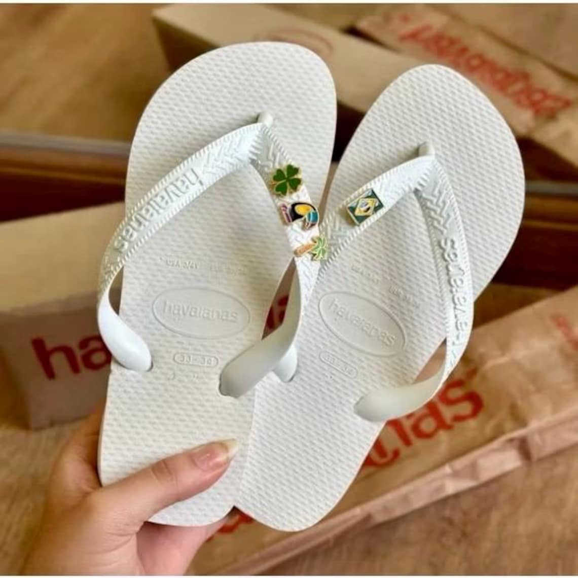 White Brazil Havaianas Flip Flops Custom Charm Sandals Personalized white-brazil-havaianas-flip-flops-custom-charm-sandals-personalized