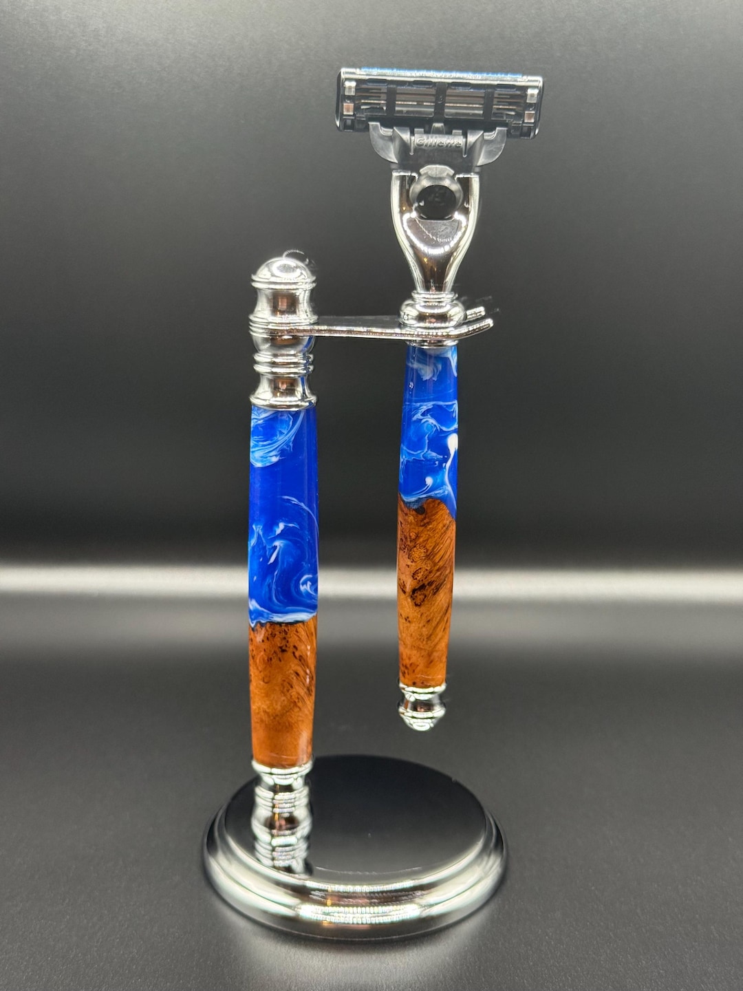 Mach3 Stand Razor Handcrafted Cherry Burl Razor & Stand Set – Blue Swirl Resin, Mach 3 ...