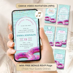 Puede incluir: Una invitación digital para baby shower en la pantalla de un teléfono inteligente con fondo de agua azul claro, flotadores de dona rosa y chispas de colores. El texto dice A LITTLE SPRINKLE IS ON THE WAY, EMMA JOHNSON, SAT 15 AUG.