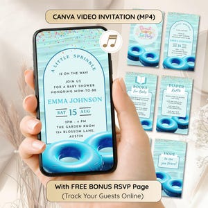 Puede incluir: Un teléfono inteligente que muestra una invitación digital para baby shower con un fondo de agua azul claro, flotadores de piscina en forma de dona azul y el texto A LITTLE SPRINKLE IS ON THE WAY, JOIN US FOR A BABY SHOWER EMMA JOHNSON.