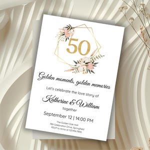 Invito per la festa del 50° anniversario di matrimonio, invito elegante e modificabile in oro, modello Canva stampabile senza tempo