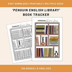 Może przedstawiać: Drukowany tracker książek z motywem półki z napisem "Penguin English Library". Tracker zawiera miejsca na 135 książek na 6 półkach, z tytułami i ilustracją pingwina. Projekt na kremowym tle.