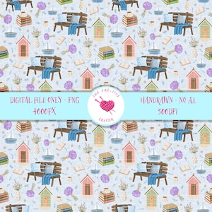 Peut inclure: Un motif répétitif sur fond bleu clair avec des illustrations de bancs en bois avec des couvertures bleues, des piles de livres, des voiliers, des cabines de plage et des bouquets de fleurs. Texte : DIGITAL FILE ONLY - PNG 4000PX HANDRAWN - NO A.I. 300DPI.