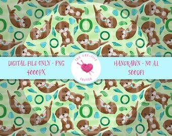 May include: A repeating pattern featuring cartoon otters in various poses, set against a light green background with green circles and blue seashell shapes. The otters are brown and white. Text on the image reads "DIGITAL FILE ONLY - PNG 4000PX" and "HANDRAWN - NO AI. 300DPI".