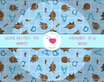 May include: A digital pattern featuring a light blue background with a grid design. The pattern includes illustrations of armadillos, ants, and the letters A and D. The text reads "DIGITAL FILE ONLY - PNG 4000PX" and "HANDRAWN - NO AI. 300DPI".