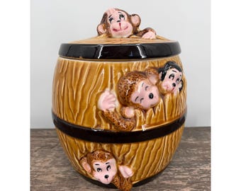 Tarro para galletas Inarco RARO con monos marrones en un barril, 20 cm, Cleveland, Ohio, E-1640, vintage