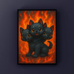 Kawaii Cerberus in Flames – Fantasy Oil Painting Printable Wall Art