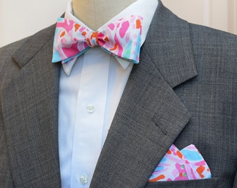 Pocket Square  & Bow Tie, pink/blues, abstract ocean theme, wedding party wear, groomsmen gift, groom bow tie set, pocket square