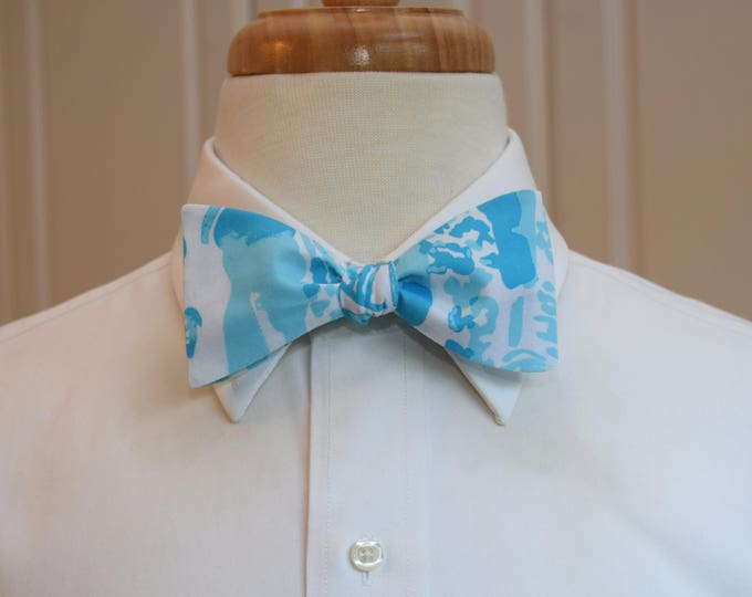 Bow Tie, aqua/turquoise abstract toile print, groomsmen's gift, wedding bow tie, groom bow tie, Kentucky Derby, summer, Easter, pastel