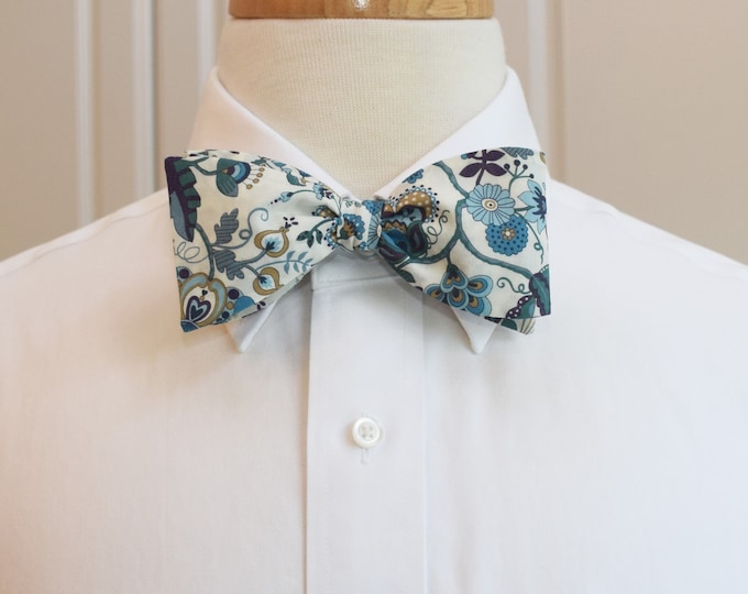 Bow Tie, Liberty of London teal/ivory Mabelle floral print, groom/groomsmen/wedding bow tie, classic English bow tie, tux accessory