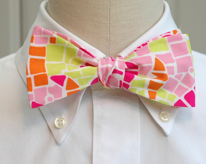 Bow Tie, pink/green mosaic print bow tie, bright bow tie, wedding bow tie, groom bow tie, prom bow tie, Easter, Kentucky Derby, summer