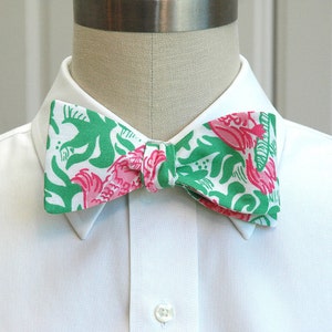 Bow Tie, cockatoos, pink/green print, parrot bow tie, bird bow tie, wedding bow tie, groom/groomsman bow tie, bird lover, retro image 1