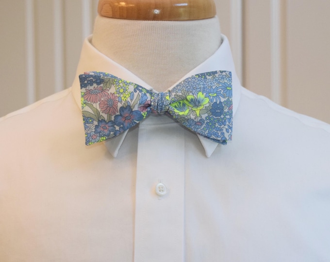 Liberty of London Bow Tie: Margaret Annie dusty blues/pink/neon Floral, Groom Groomsmen Accessory