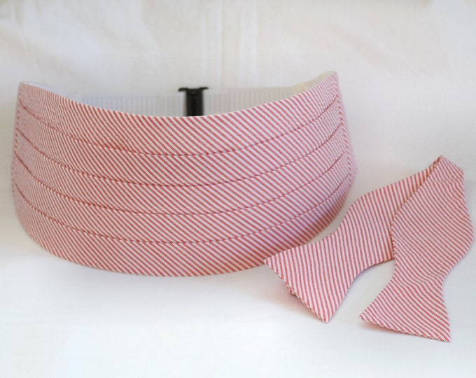 Cummerbund & Bow Tie, coral seersucker, wedding party menswear, tuxedo accessory, groom formal wear, southern stylish wedding, custom made