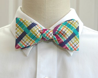 Bow Tie, jewel tones plaid bow tie, wedding bow tie, groom bow tie, groomsmen gift, prom bow tie, blue, green, purple plaid bow tie