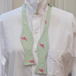 Bow Tie, lime seersucker with hot pink flamingo, wedding party tie, groom bow tie, groomsmen gift, Florida bow tie, self tie bow tie image 2