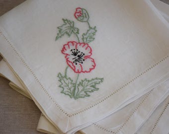 Pink poppies cocktail napkins, hand embroidered, linen