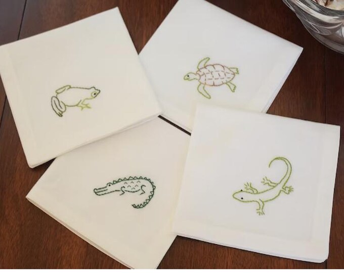 Island critters cocktail napkin set, alligator, lizard, sea turtle, tree frog, hand embroidered