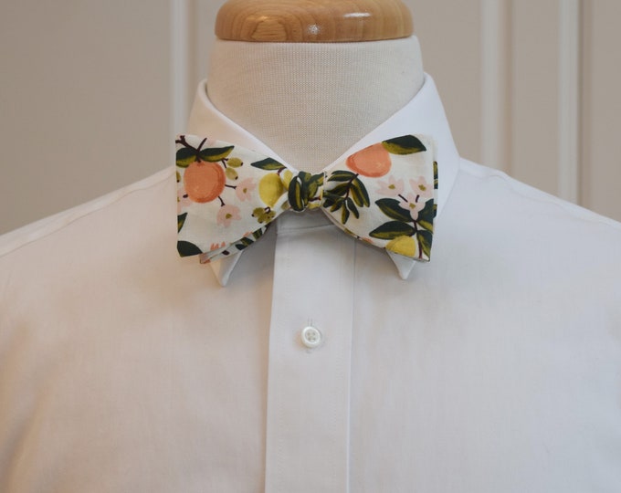 Bow Tie, Rifle Paper Co Primavera Citrus floral cream, yellow/peach/coral/green, wedding party bow tie, groom/groomsmen bow tie