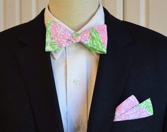Pocket Square  & Bow Tie, pink/green abstract floral print, wedding party wear, groomsmen/groom bow tie set, men's gift, preppy