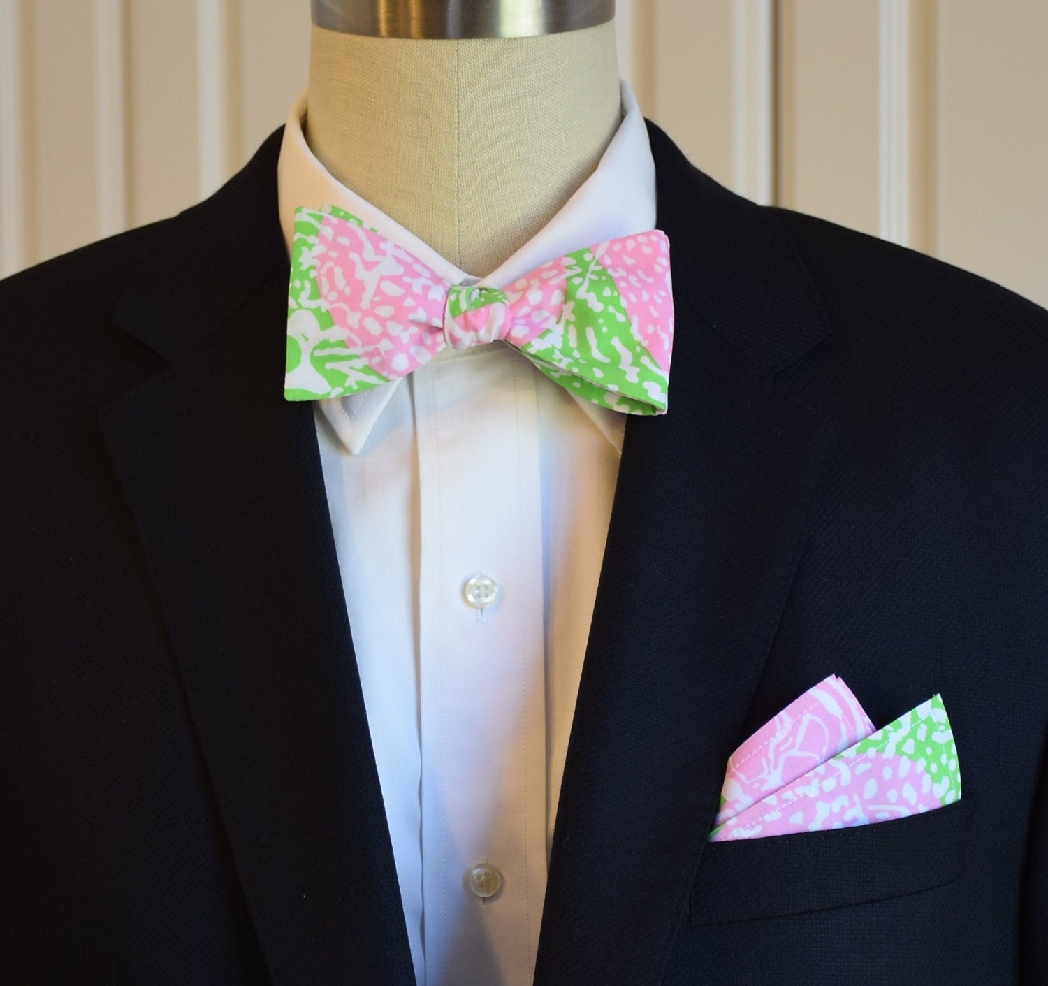 Pocket Square & Bow Tie, pink/green abstract floral print, wedding ...