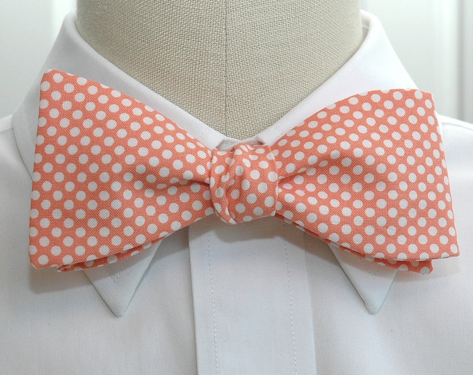 Bow Tie, pale coral with white mini polka dots, wedding bow tie, groom bow tie, salmon pink bow tie, orange bow tie, groomsmen gift,