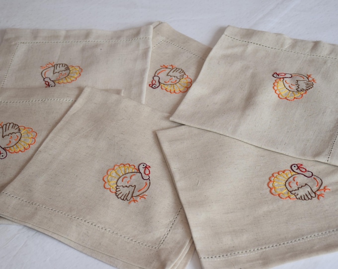 Hand embroidered turkey dinner napkin set, Thanksgiving gift, 18" natural cotton/linen napkins,