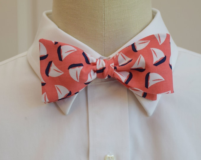 Bow Tie, coral bow tie with sailboats, nautical bow tie, sailor bow tie, nautical wedding bow tie, ocean lover bowtie, groom bow tie,