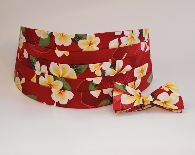 Cummerbund & bow tie, red Hawaiian floral print, tropical, wedding party, groom/groomsmen, prom, destination wedding, island wedding