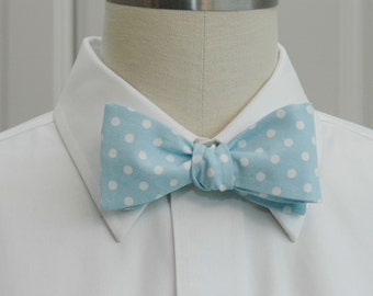 Men's Bow Tie, light blue bow tie, white polka dots, pastel bow tie, wedding bow tie, groom bow tie, groomsmen gift, prom bowtie,  pale blue