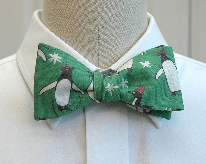 Bow Tie, green penguins skating, Christmas , holiday bowtie