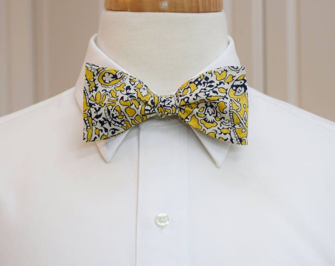 Bow Tie, Liberty of London yellow/navy/ivory paisley Lagos Laurel bow tie, groomsmen/groom bow tie, wedding bow tie, tux accessory,