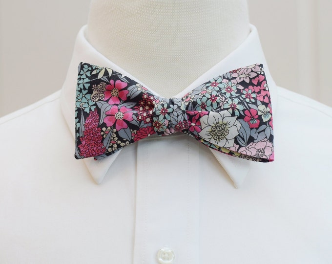 Bow Tie, Liberty of London, pink/raspberry/grey/wine floral Ciara print bow tie, groom/groomsmen bow tie, wedding tie, tux accessory