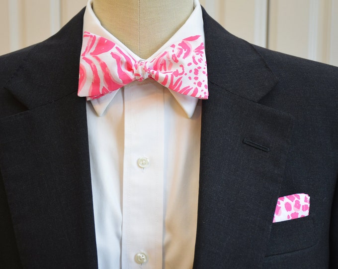 Pocket Square  & Bow Tie, pink/white abstract spots/stripes print, wedding party wear, groomsmen gift, groom bowtie set, prom, preppy