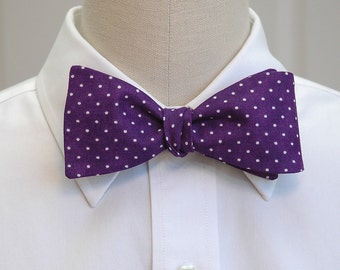 Bow Tie, purple & white pin dots bow tie, deep purple bow tie, purple wedding bow tie, groom bow tie, groomsmen gift, prom bow tie,