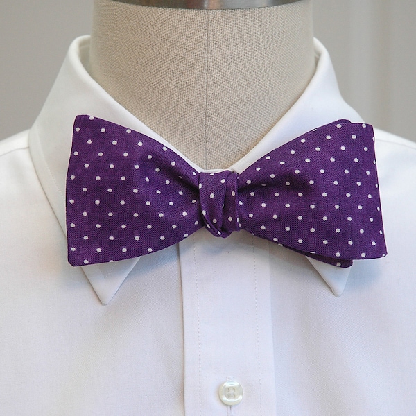 Bow Tie, purple & white pin dots bow tie, deep purple bow tie, purple wedding bow tie, groom bow tie, groomsmen gift, prom bow tie,