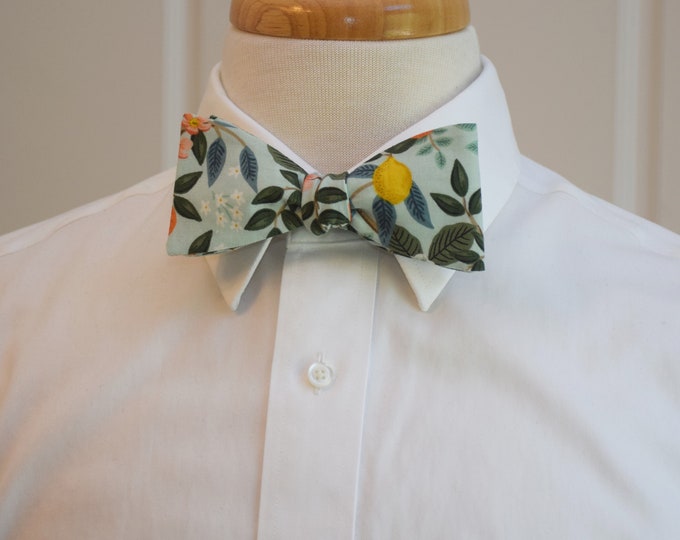 Bow Tie, Rifle Paper Co Bramble Citrus Grove floral in aqua yellow/peach/coral/green, wedding party bow tie, groom/groomsmen bow tie