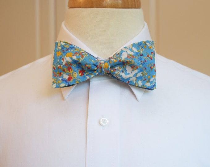 Bow Tie, Liberty of London cornflower blue/ivory/orange floral Heidi Meadow self tie bow tie, groomsmen/groom bow tie, wedding bow tie