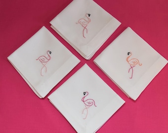 Hand Embroidered Flamingo Cocktail Napkins, Set of 4