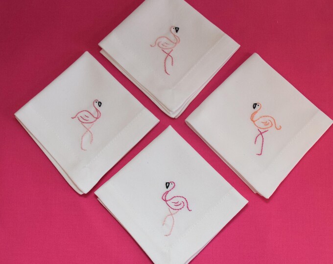 Hand Embroidered Flamingo Cocktail Napkins, Set of 4