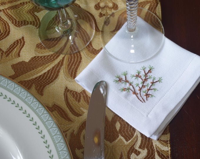 Hand Embroidered Pine Branch Cocktail Napkins, Set of 4