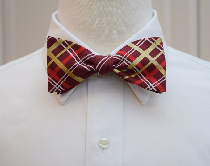 Bow Tie, plaid bow tie, burgundy gold plaid bow tie, metallic gold motif bow tie, self tie bow tie , wedding bow tie, holiday bow tie