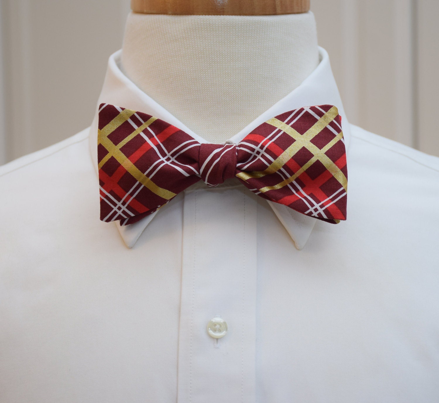 Bow Tie, plaid bow tie, burgundy gold plaid bow tie, metallic gold ...