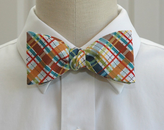 Men's Bow Tie, madras plaid, blue brown plaid bow tie, warm tone plaid bow tie, wedding bow tie, groom bow tie, groomsmen gift, self tie